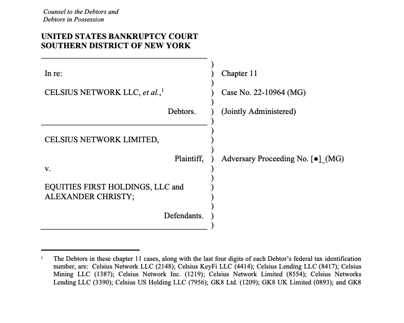 Celsius Network files ‘adversary complaint’ against EquitiesFirst