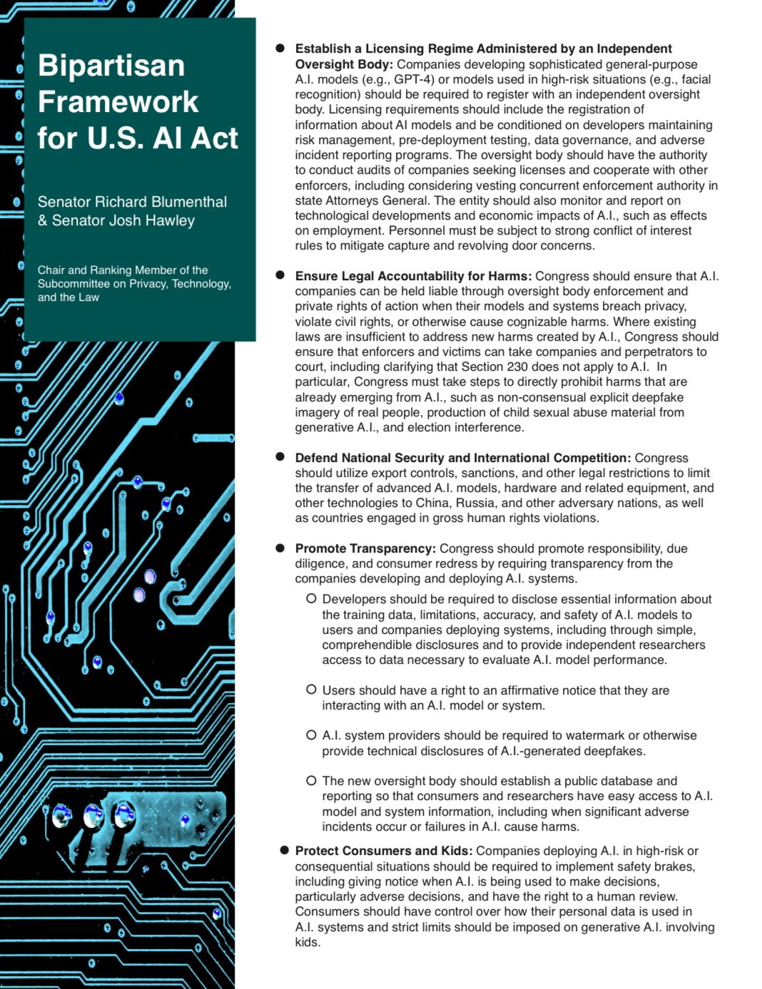 Senators unveil bipartisan blueprint for comprehensive AI regulation